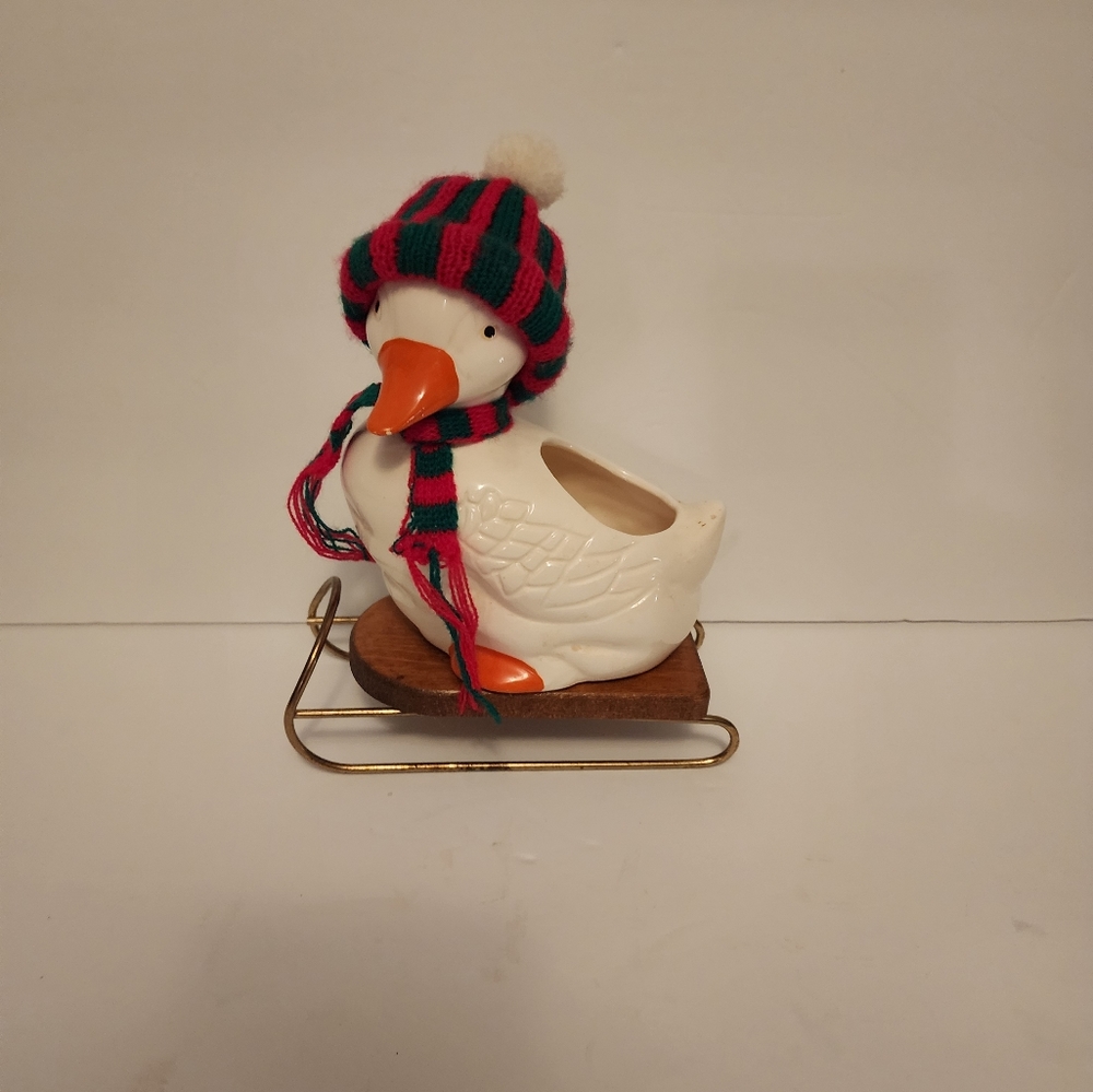 Vintage 1980's Houston Harvest Products Ceramic Snowman Candy Holder with sled